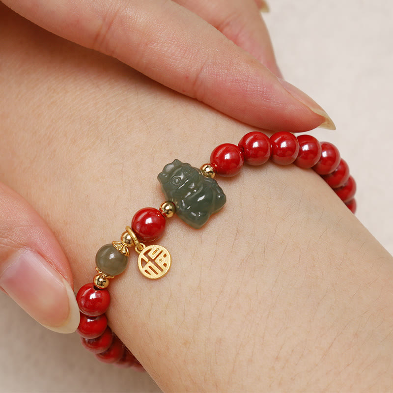 Buddha Stones 925 Sterling Silver Year of the Dragon Natural Cinnabar Hetian Jade Dragon Fu Character Ruyi As One Wishes Charm Blessing Bracelet (Extra 30% Off | USE CODE: FS30)