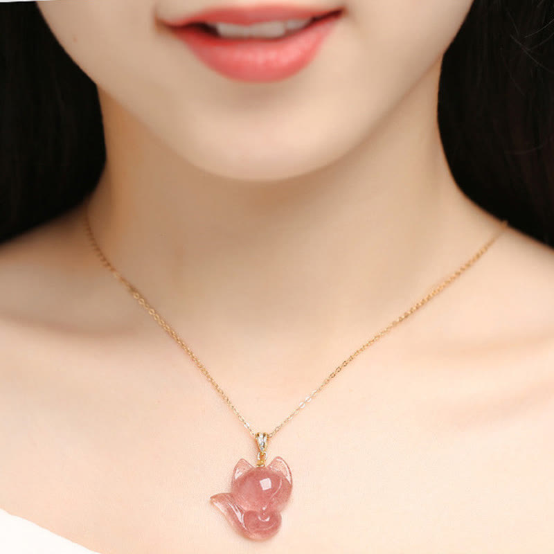 Buddha Stones 925 Sterling Silver Plated 14k Gold Strawberry Quartz Fox Healing Necklace Pendant