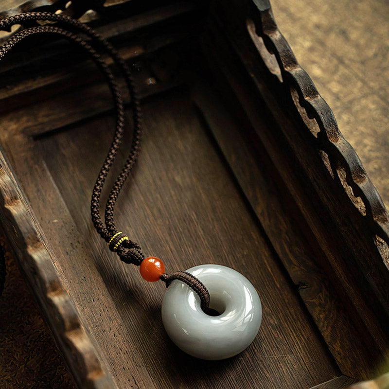 Buddha Stones Natural Round Jade Gray Jade Peace Buckle Luck Necklace Pendant