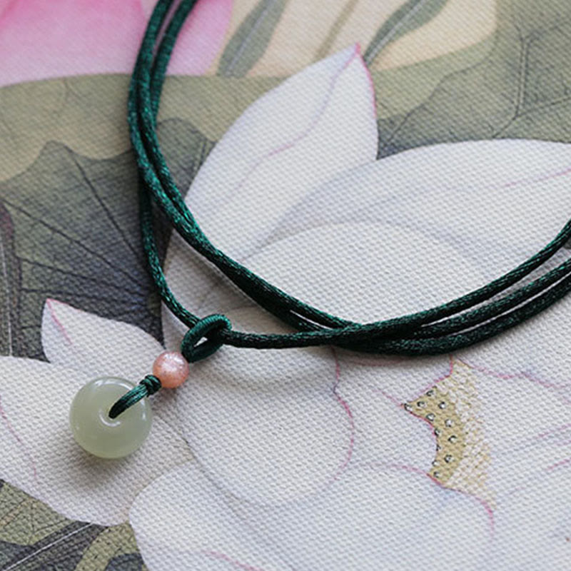 Buddha Stones Natural Round Jade Peace Buckle Lotus Abundance String Necklace Pendant