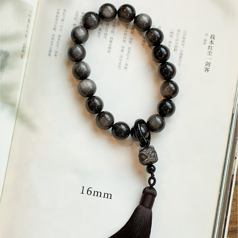 Buddha Stones Natural Silver Sheen Obsidian Black Obsidian Lion Wrist Mala Protection Tassels Pocket Mala Car Decoration