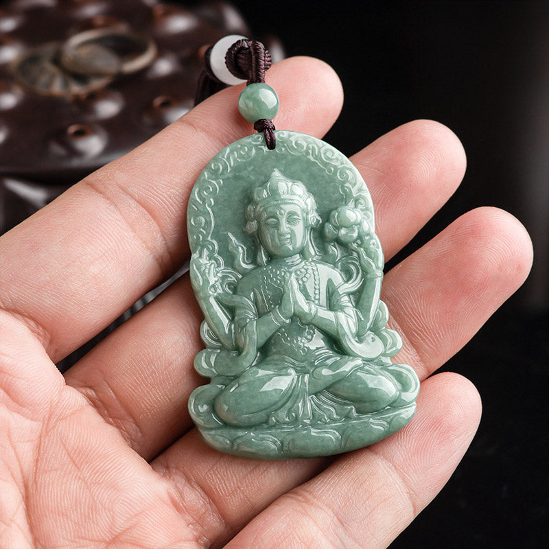 Buddha Stones Four-armed Avalokitesvara Natural Jade Amulet Blessing String Necklace