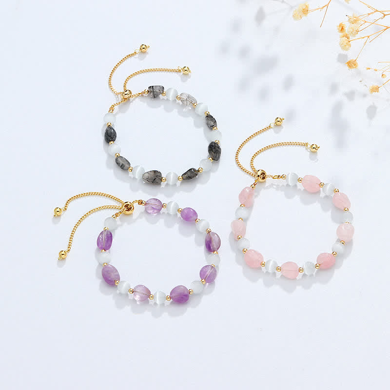 Buddha Stones Amethyst Pink Crystal Black Rutilated Quartz Spiritual Awareness Bracelet