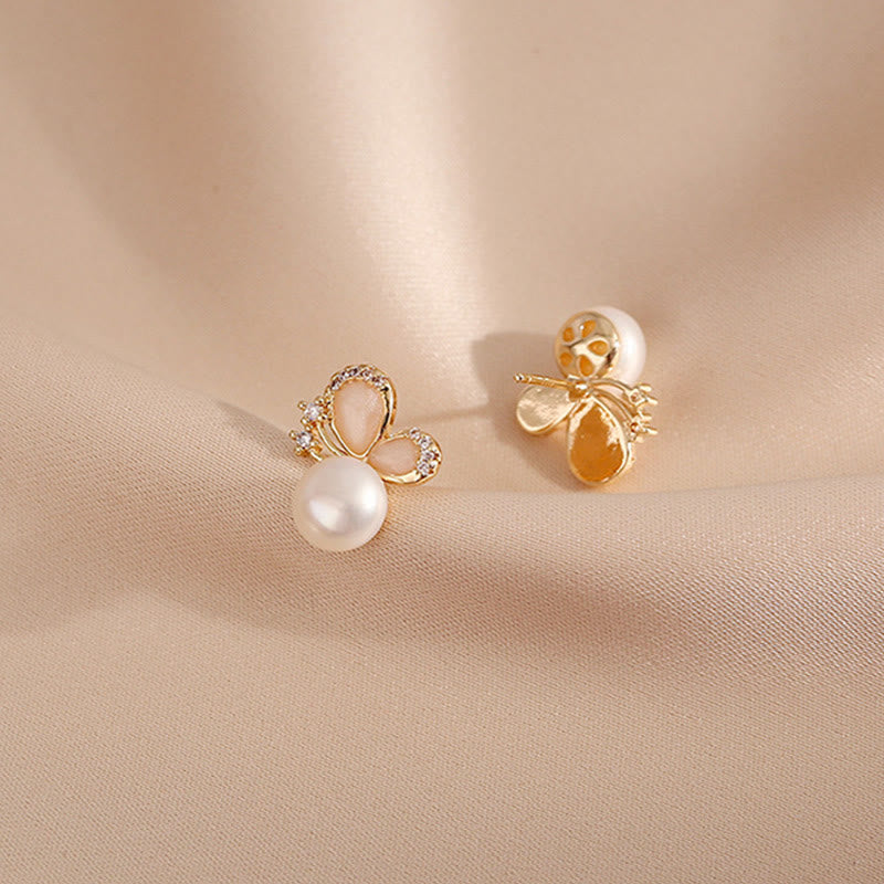 Buddha Stones 18k Gold Plated Pearl Butterfly Love Freedom Stud Earrings