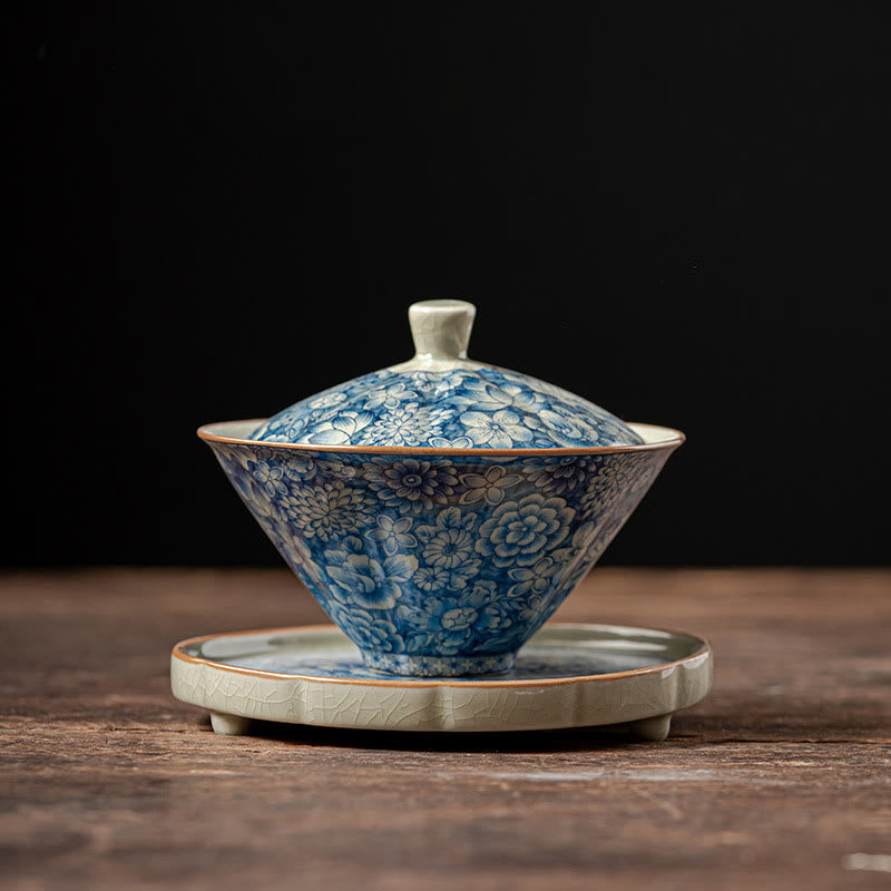 Buddha Stones Vintage Blue And White Porcelain Peach Blossom Lotus Peony Ceramic Gaiwan Sancai Teacup Kung Fu Tea Cup And Saucer With Lid