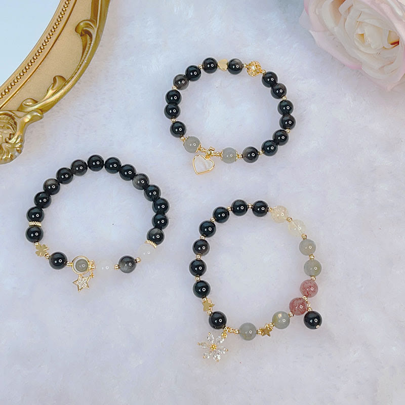 Buddha Stones Natural Silver Sheen Obsidian Love Heart Star Flower Protection Bracelet (Extra 30% Off | USE CODE: FS30)