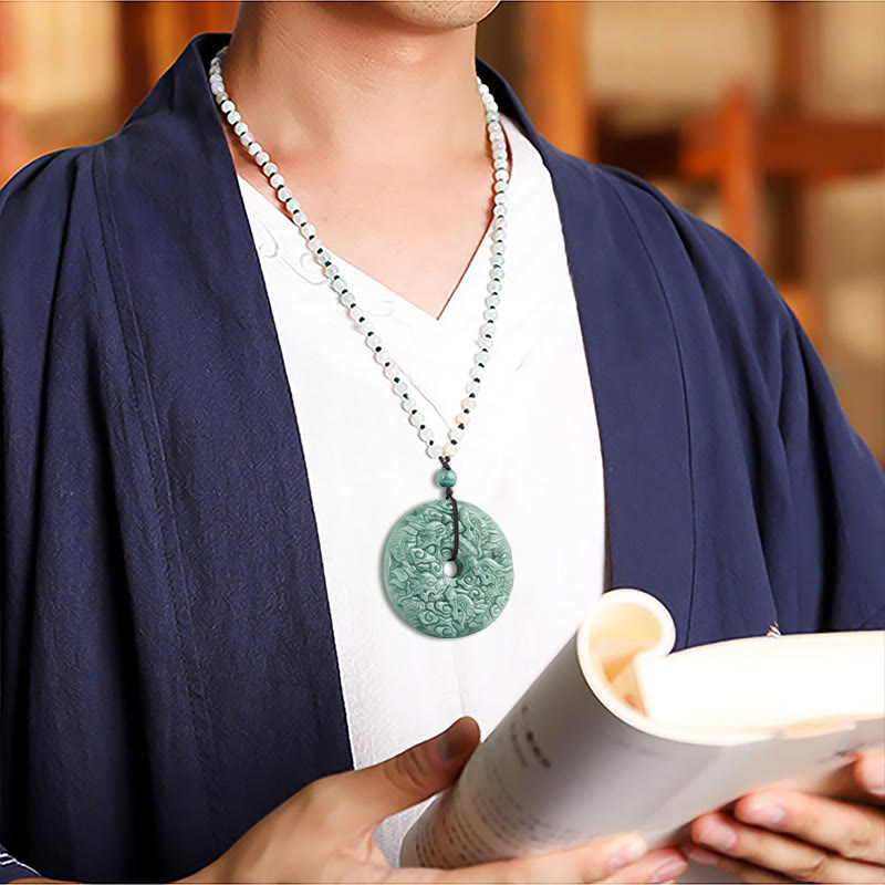 Buddha Stones Year of the Dragon Natural Jade Nine Dragons Peace Buckle Protection Necklace Pendant