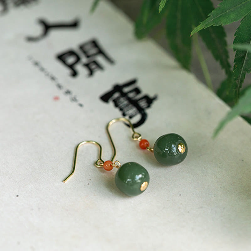 Buddha Stones 925 Sterling Silver Plated 14k Gold Hetian Jade Red Agate Luck Drop Dangle Earrings