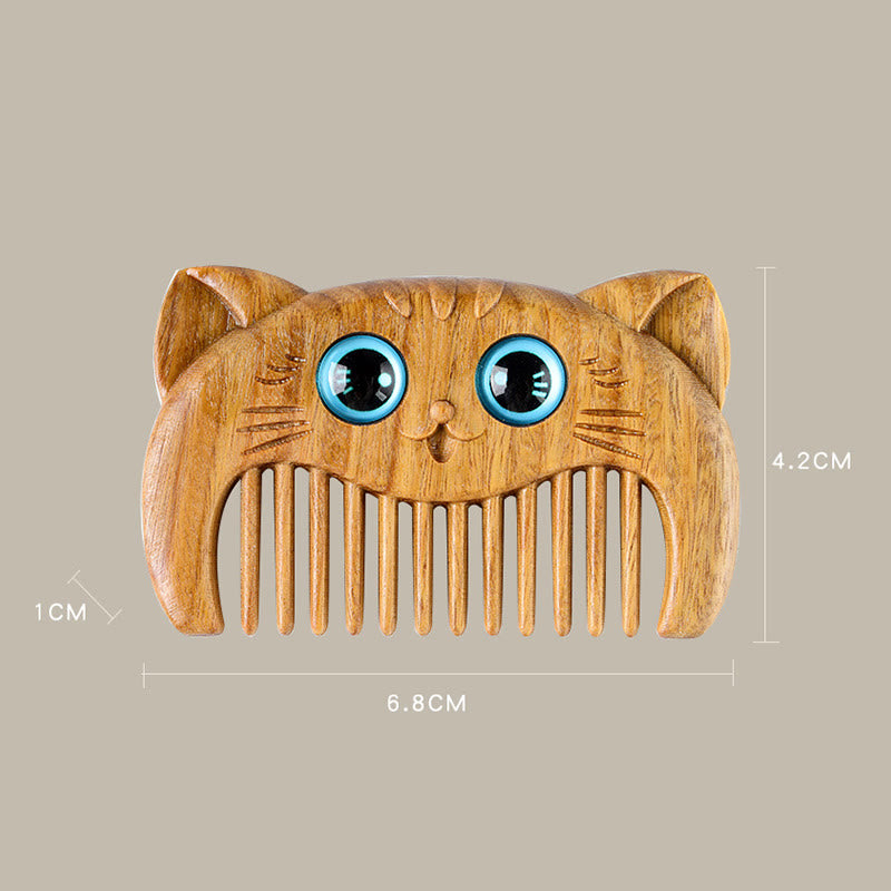 Buddha Stones Simple Cat Pattern Green Sandalwood Cure Portable Comb