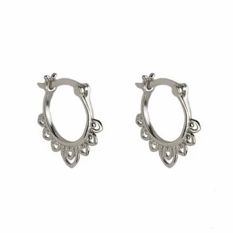 Buddha Stones Round Lotus Flower Pattern Luck Hoop Earrings