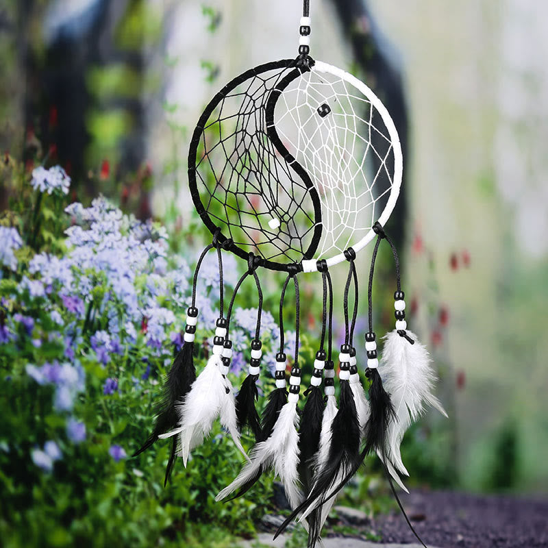 Buddha Stones Yin Yang  Dream Catcher Circular Net with Feathers Balance Decoration