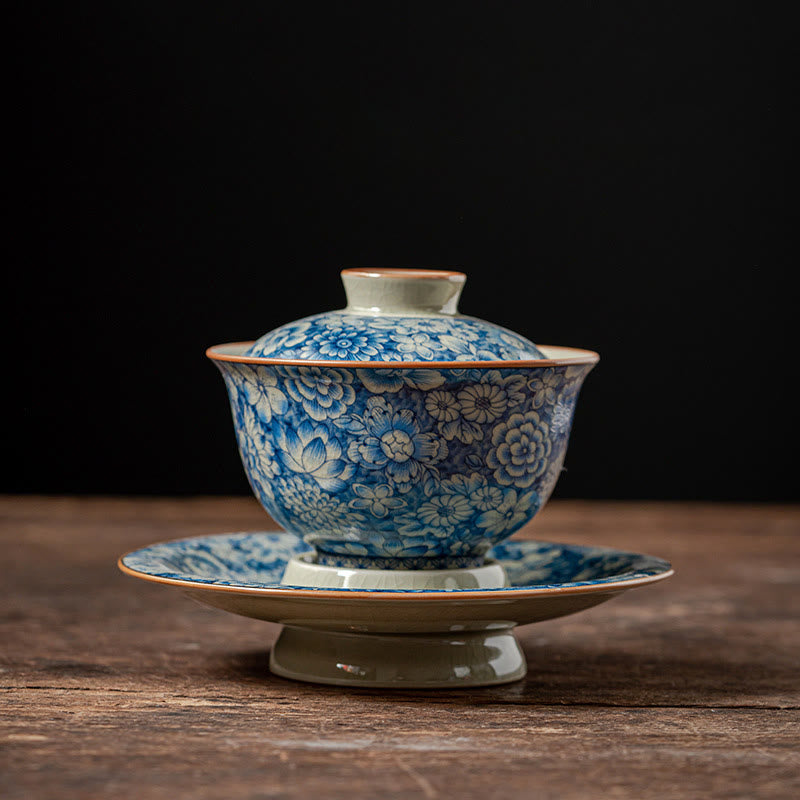 Buddha Stones Vintage Blue And White Porcelain Peach Blossom Lotus Peony Ceramic Gaiwan Sancai Teacup Kung Fu Tea Cup And Saucer With Lid