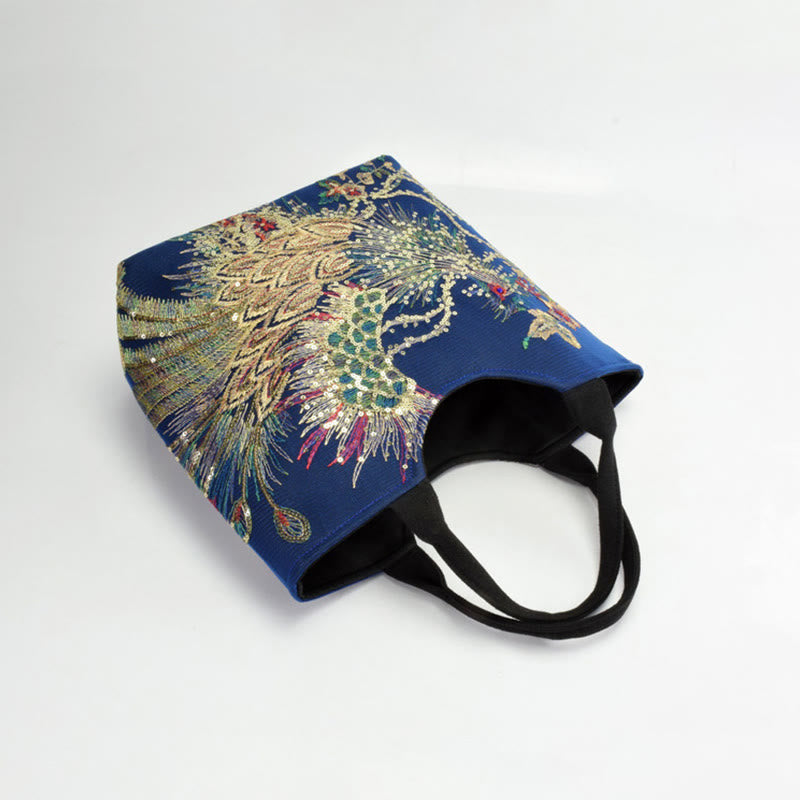 Buddha Stones Peacock Double-sided Embroidery Tote Bag Shoulder Bag Crossbody Bag