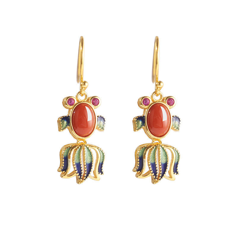 Buddha Stones 925 Sterling Silver Hetian White Jade Red Agate Cute Fish Happiness Drop Earrings