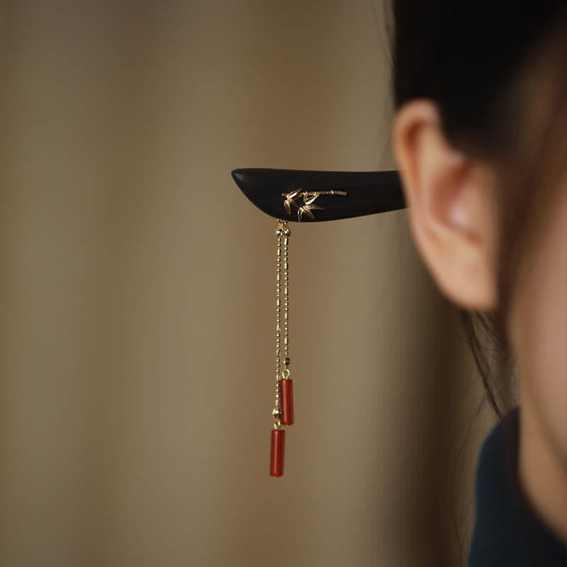 Buddha Stones Red Agate Ebony Wood Confidence Tassel Hairpin
