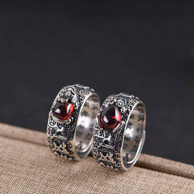 Buddha Stones Genstone PiXiu Feng Shui Frog Vajra Dorje Heart Sutra Wealth Adjustable Ring
