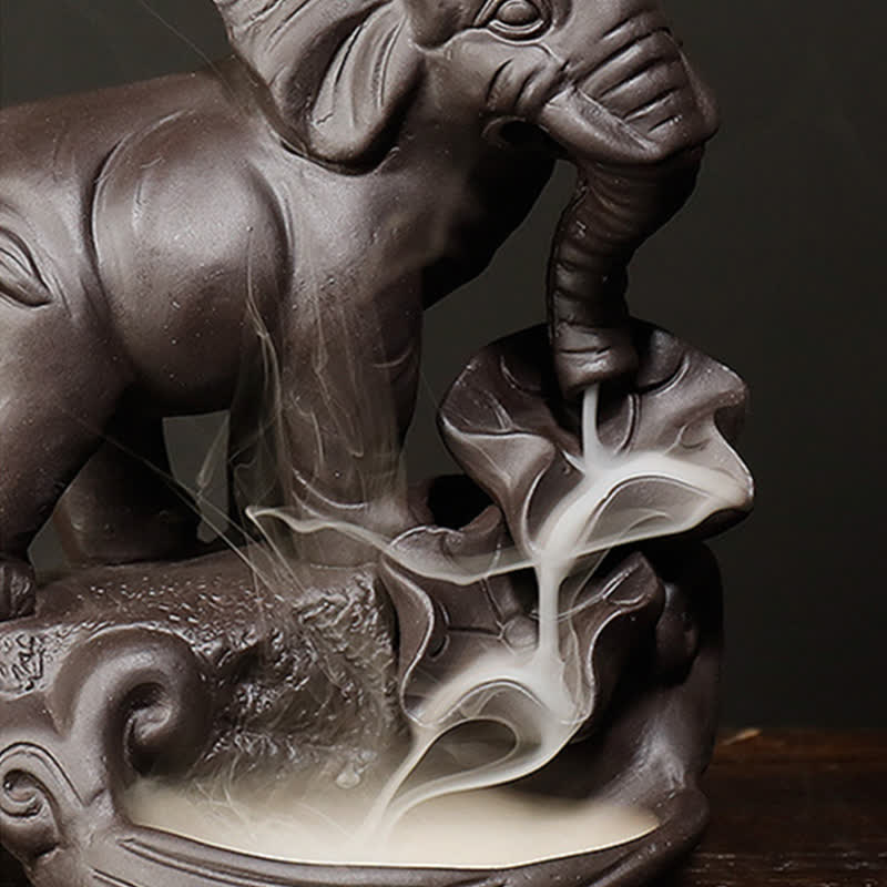 Buddha Stones Tibetan Elephant Purple Clay Backflow Smoke Fountain Peace Healing Incense Burner Decoration