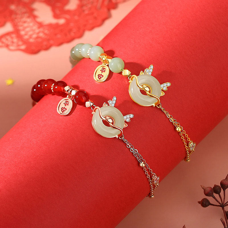 Buddha Stones 925 Sterling Silver Year of the Dragon Natural Red Agate Hetian Jade Peace Buckle Luck Success Bracelet (Extra 30% Off | USE CODE: FS30)