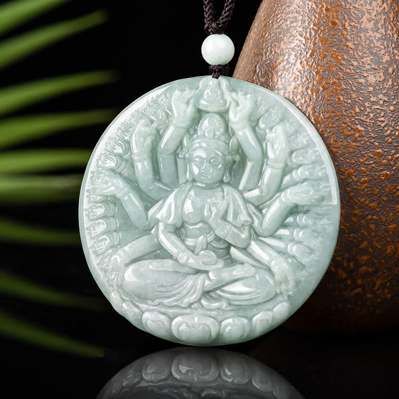 Buddha Stones Thousand-Hand Kwan Yin Avalokitesvara Jade Blessing String Necklace Pendant