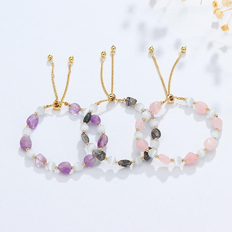 Buddha Stones Amethyst Pink Crystal Black Rutilated Quartz Spiritual Awareness Bracelet