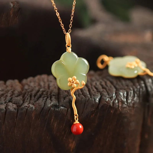 Buddha Stones Vintage Plum Blossom Flower Jade Red Agate Prosperity Necklace Pendant