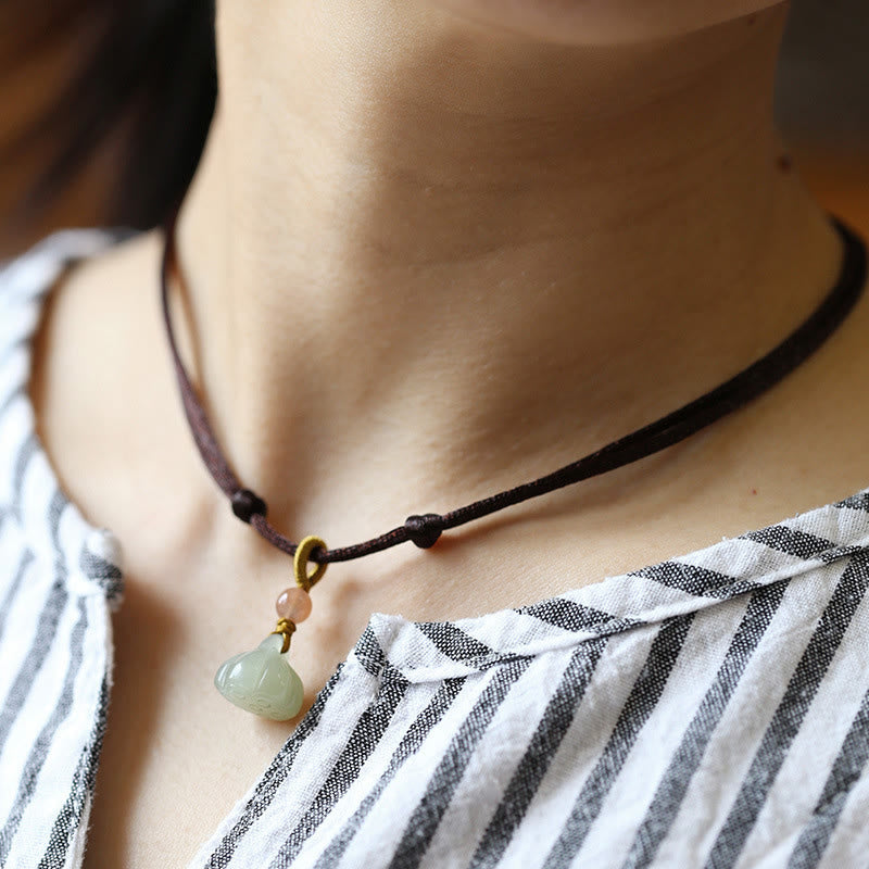 Buddha Stones Natural Round Jade Peace Buckle Lotus Abundance String Necklace Pendant