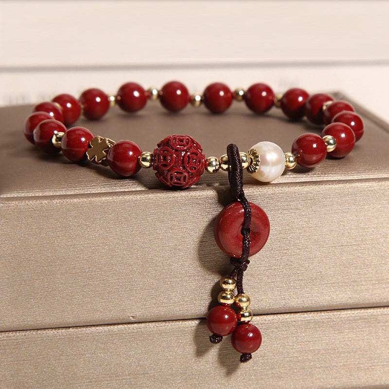Buddha Stones Natural Cinnabar Peace Buckle Copper Coin Charm Blessing Bracelet