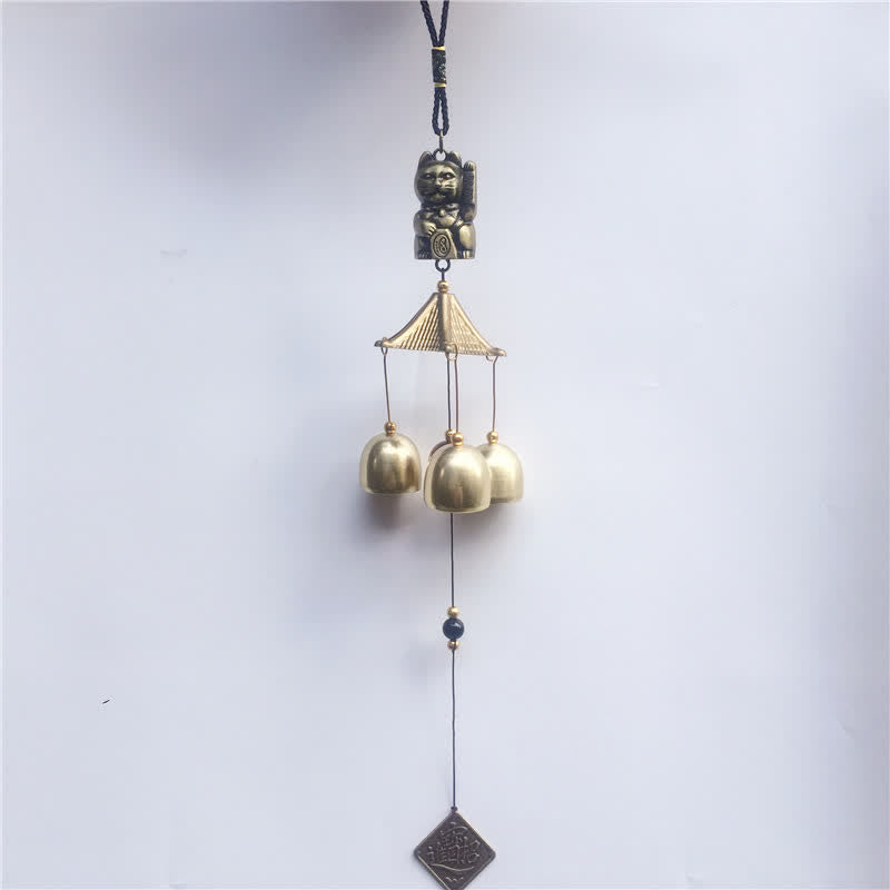 Buddha Stones Auspicious Wealth Cat Wall Hanging Chime Bell Copper Luck Handmade Home Decoration