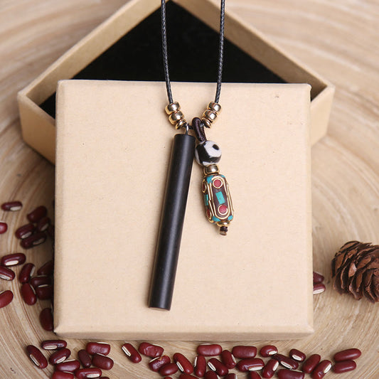 Buddha Stones Tibetan Ebony Wood Dzi Bead Peace Calm Necklace Pendant