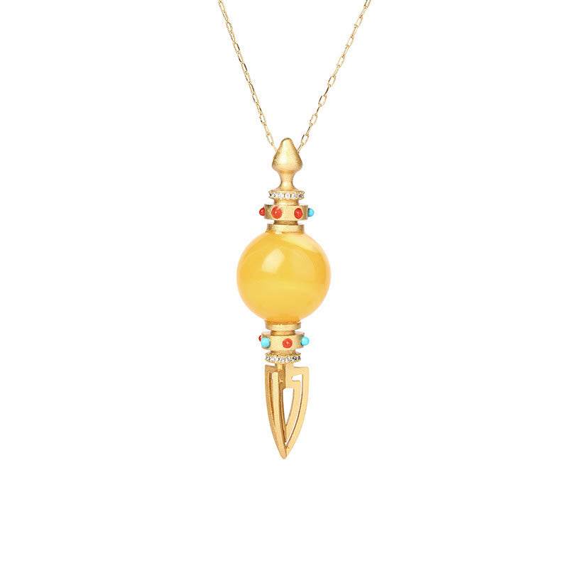 Buddha Stones 24K Gold Plated Amber Dorje Vajra Clear Anxiety Necklace Pendant