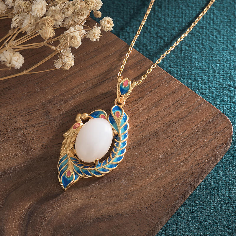 Buddha Stones White Jade Peacock Copper Blessing Necklace Pendant