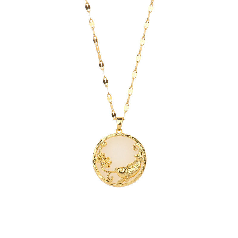 Buddha Stones Natural Jade Koi Fish Lotus Luck Necklace Pendant