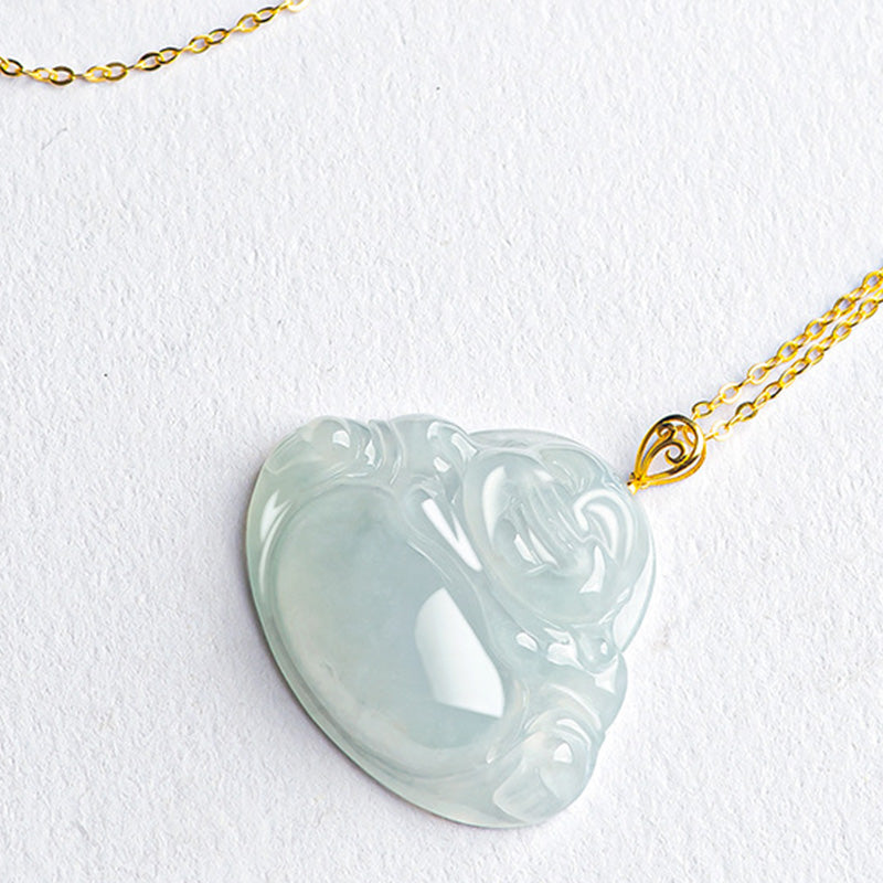 Buddha Stones Laughing Buddha Natural Jade 925 Sterling Silver Plated Gold Abundance Necklace Pendant