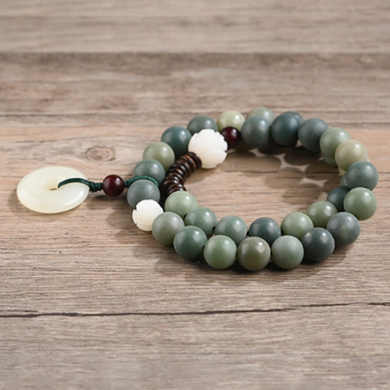 Buddha Stones Cyan Bodhi Seed Lotus Jade Peace Buckle Wisdom Double Wrap Bracelet