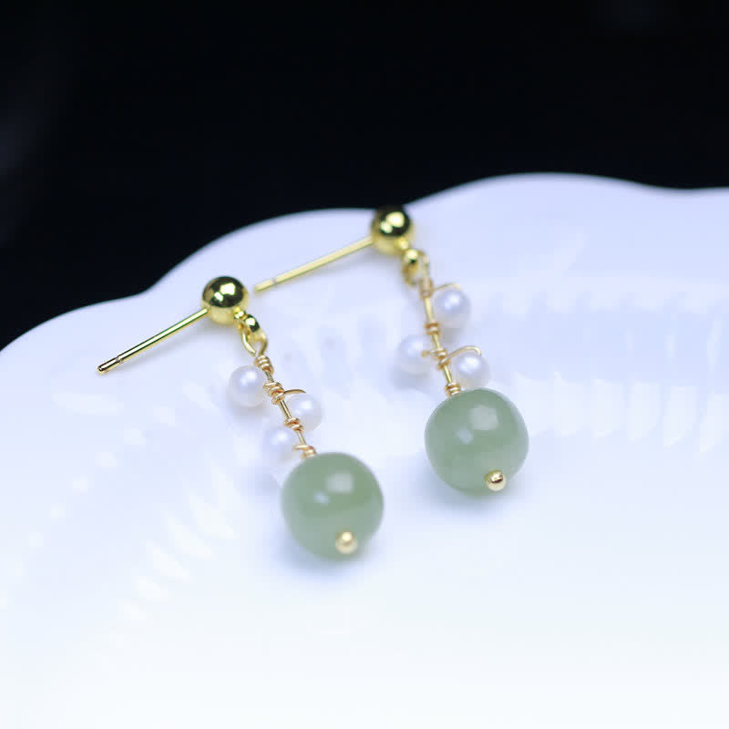 Buddha Stones Hetian Jade Flower Pattern 14K Gold Plated Luck Drop Dangle Earrings