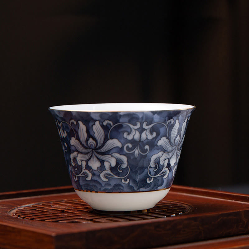 Buddha Stones Colorful Flowers Orchid Sea Waves Blue and White Porcelain Ceramic Teacup Kung Fu Tea Cup