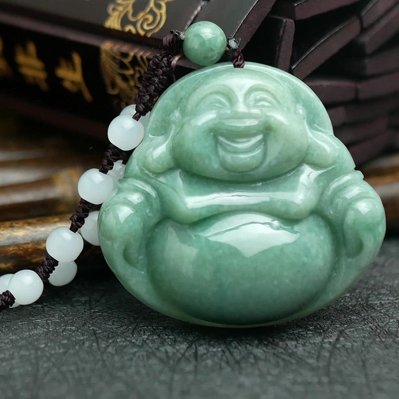 Buddha Stones Laughing Buddha Cyan Jade Harmony Necklace String Bead Pendant