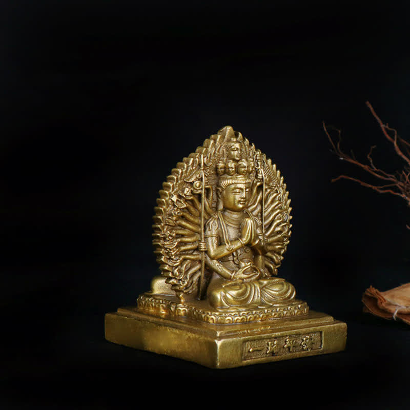 Buddha Stones Chenrezig Thousand-handed Avalokitesvara Figurine Double-sided Kuan Yin Bodhisattva Protection Solid Copper Statue Decoration