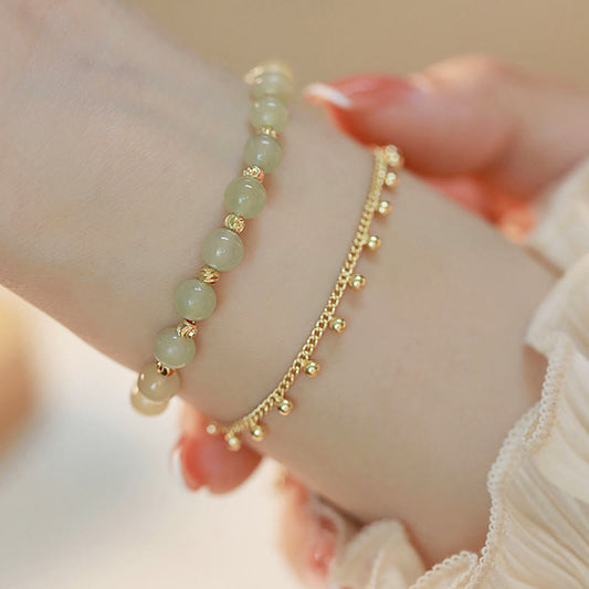 Buddha Stones 14K Gold Plated 2 Layers Hetian Jade Bead Luck Prosperity Bracelet