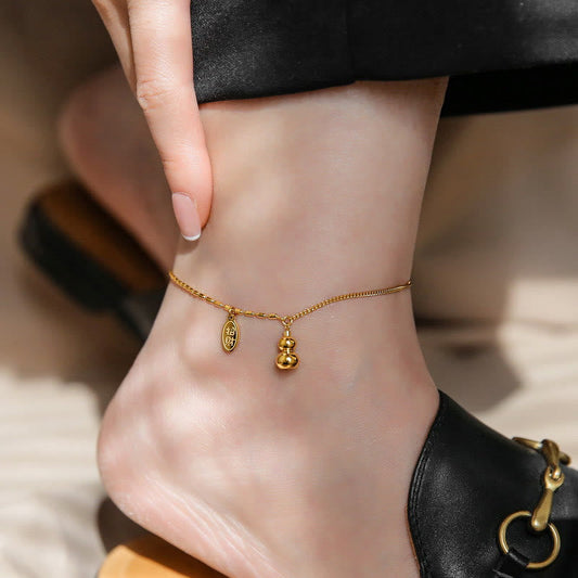 Buddha Stones 18k Gold Plated Copper Lucky Gourd Design Wealth Buckle Anklet