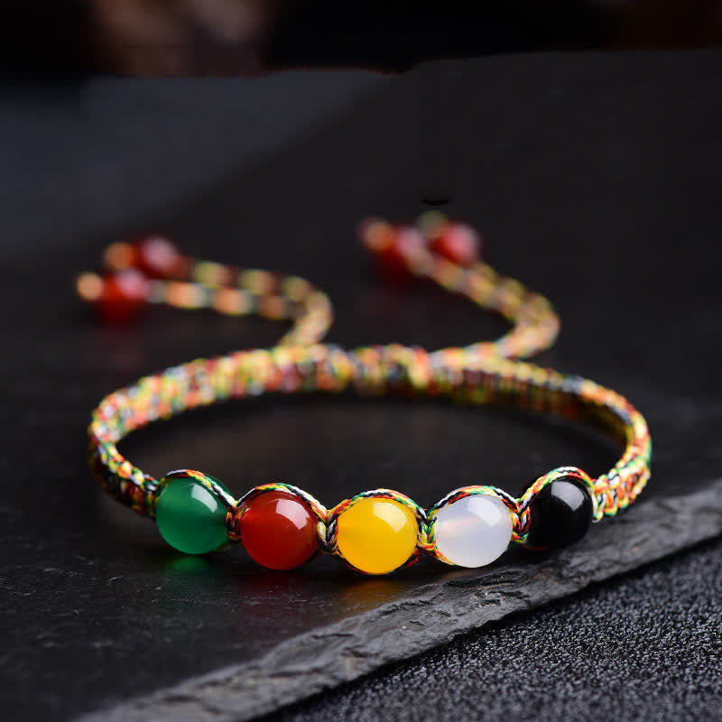 Buddha Stones Colorful Agate Metal Wood Water Fire Earth Five Elements String Bracelet