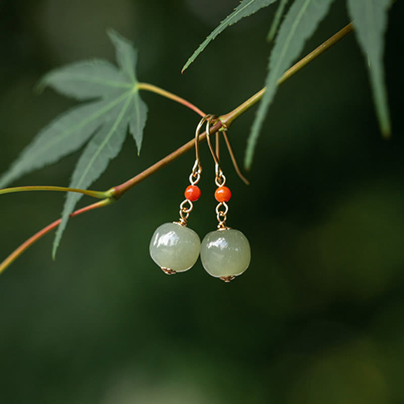 Buddha Stones 925 Sterling Silver Plated 14k Gold Hetian Jade Red Agate Luck Drop Dangle Earrings