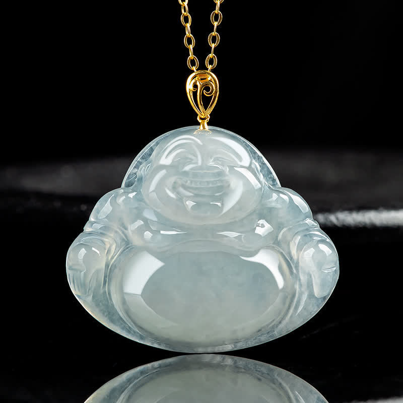 Buddha Stones Laughing Buddha Natural Jade 925 Sterling Silver Plated Gold Abundance Necklace Pendant