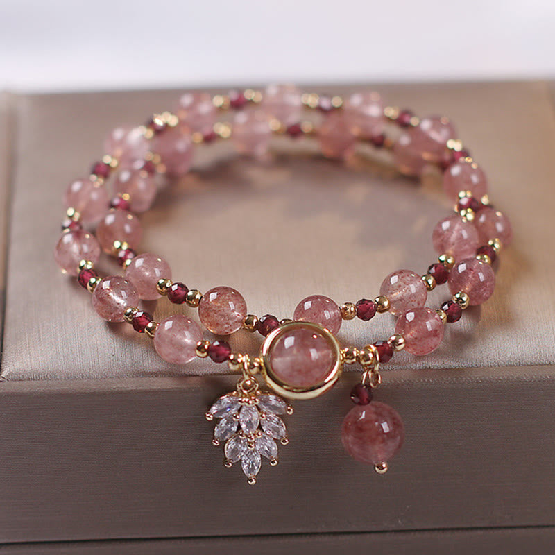 Buddha Stones Natural Strawberry Quartz Love Healing Maple Leaf Charm Double Wrap Bracelet