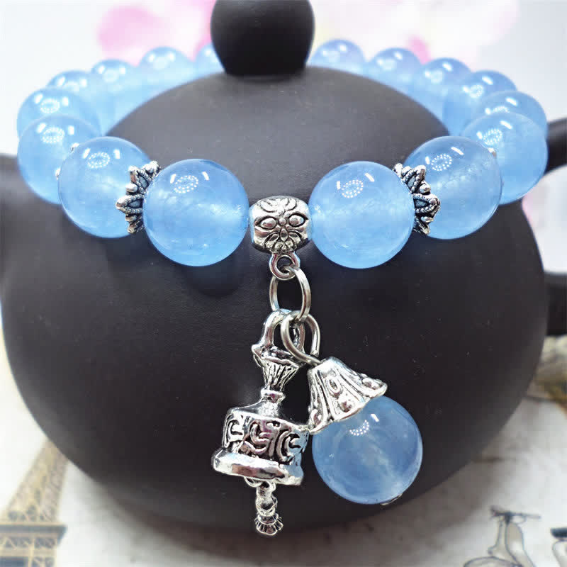 Buddha Stones Vintage Crystal Chalcedony Stone Energy Beaded Bell Charm Bracelet