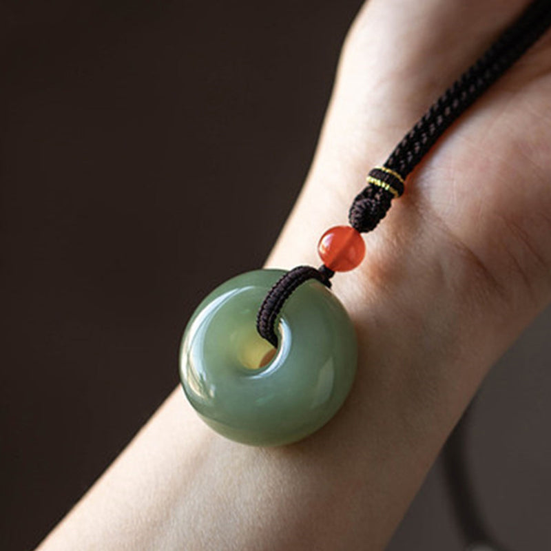Buddha Stones Natural Round Jade Gray Jade Peace Buckle Luck Necklace Pendant