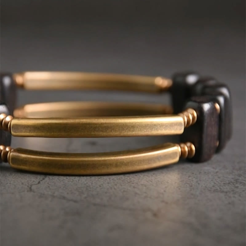 Buddha Stones Tibetan Ebony Wood Brass Copper Balance Double Layer Bracelet