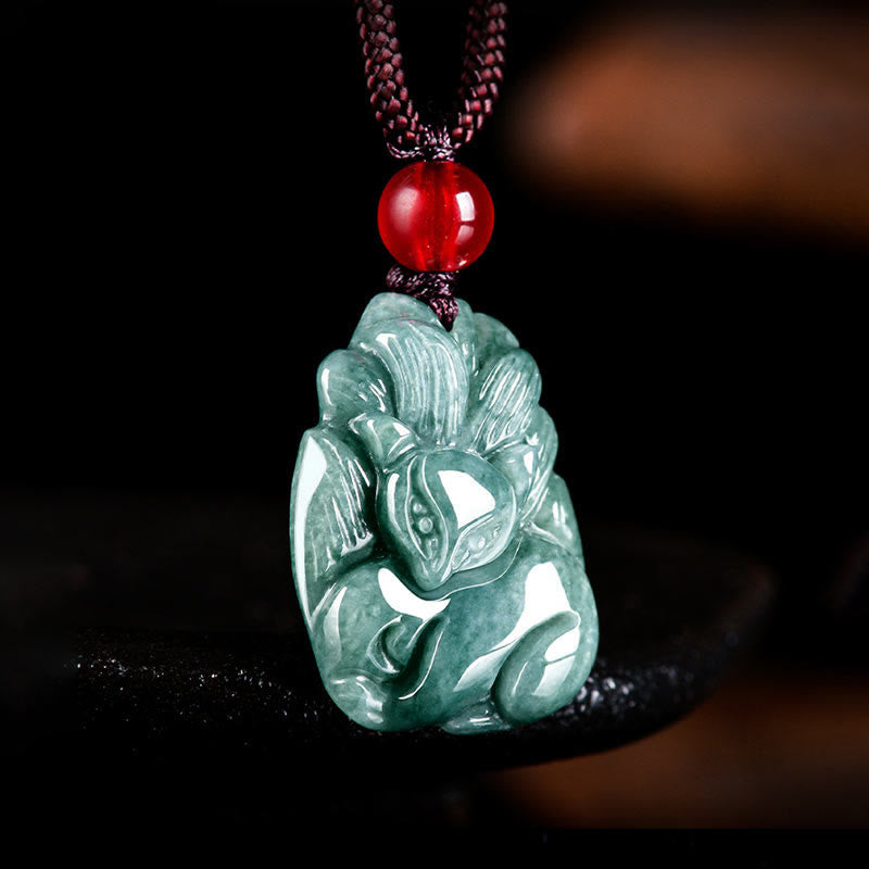 Buddha Stones Natural Green Jade Nine Tailed Fox Engraved Prosperity Necklace Pendant