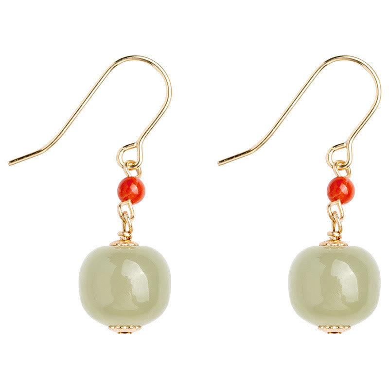 Buddha Stones 925 Sterling Silver Plated 14k Gold Hetian Jade Red Agate Luck Drop Dangle Earrings
