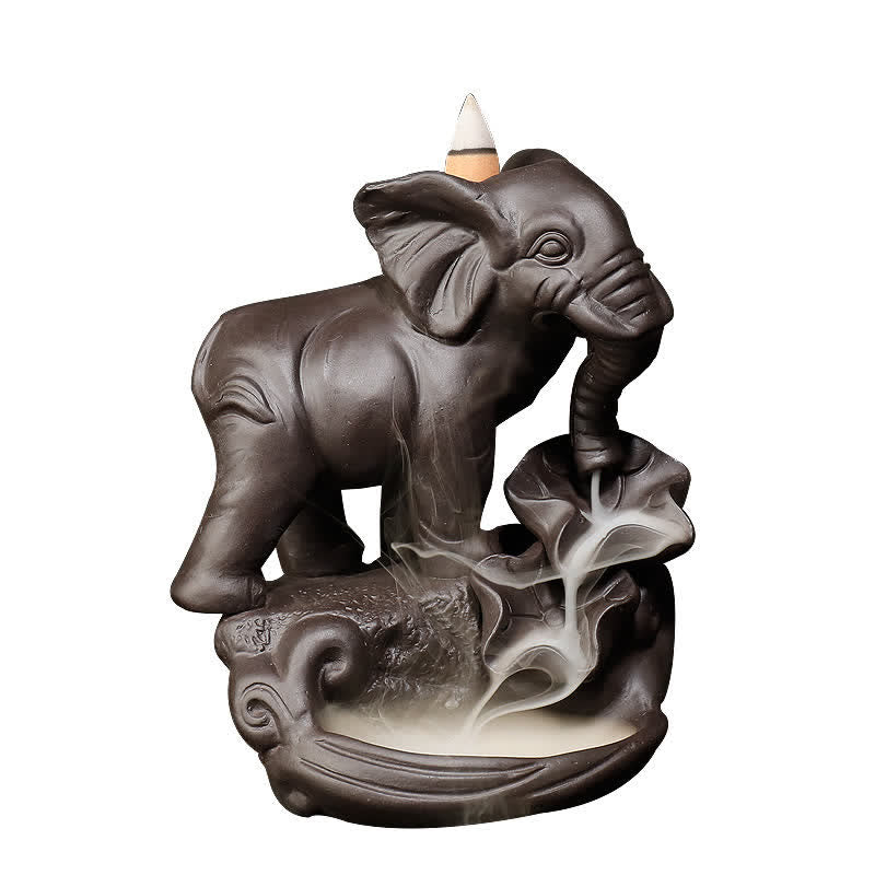 Buddha Stones Tibetan Elephant Purple Clay Backflow Smoke Fountain Peace Healing Incense Burner Decoration